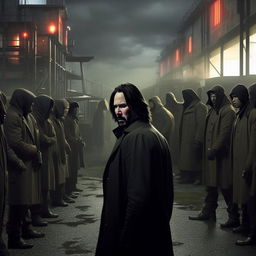 Film noir manga image of Keanu Reeves standing firm at the docks, confronted by a gang of shadowy thugs, as he declines their request for 'one last job'.