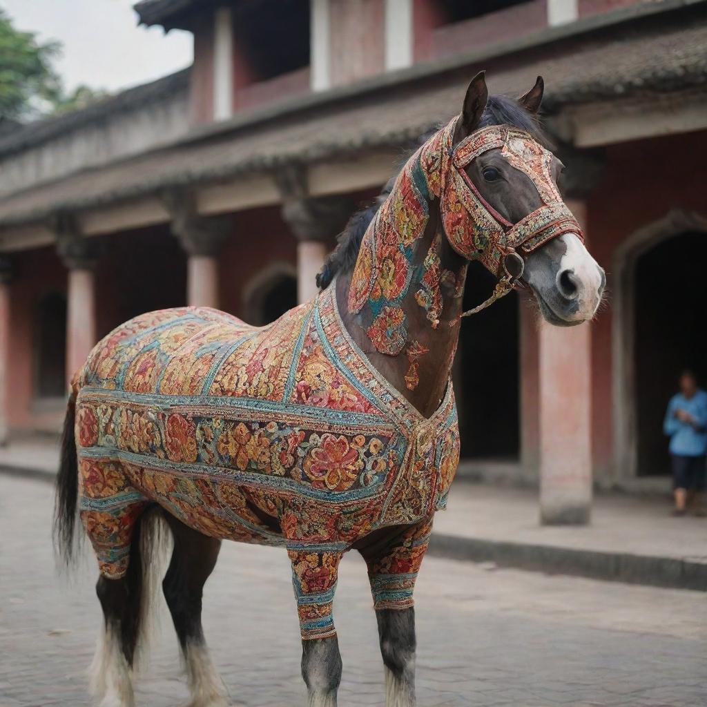 A horse mascot adorned in traditional Jogjakarta clothing showcasing intricate patterns and vibrant colors.