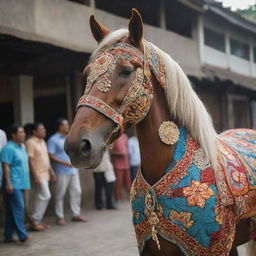 A horse mascot adorned in traditional Jogjakarta clothing showcasing intricate patterns and vibrant colors.