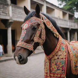 A horse mascot adorned in traditional Jogjakarta clothing showcasing intricate patterns and vibrant colors.