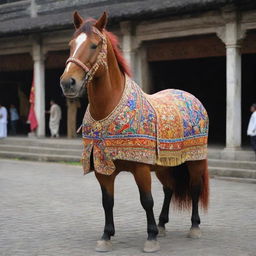 A horse mascot adorned in traditional Jogjakarta clothing showcasing intricate patterns and vibrant colors.