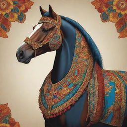 A 2D illustration of a horse mascot dressed in traditional Jogjakarta clothing, detailed with vibrant colours and intricate patterns.