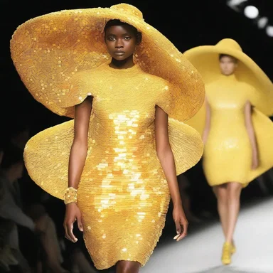 The fashion show featured an avant-garde omelette-inspired dress adorned with egg-shaped sequins.