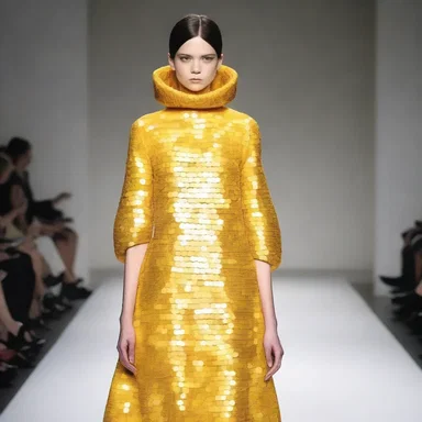 The fashion show featured an avant-garde omelette-inspired dress adorned with egg-shaped sequins.