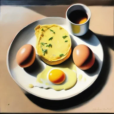 The artist painted a stunning still life of an omelette, capturing the play of light and shadow on the cooked eggs.