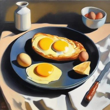 The artist painted a stunning still life of an omelette, capturing the play of light and shadow on the cooked eggs.