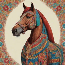 A 2D illustration of a horse mascot dressed in traditional Jogjakarta clothing, detailed with vibrant colours and intricate patterns.