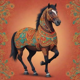 An animated, 2D illustration of a horse mascot donning vibrant, traditional Jogjakarta attire bursting with lively patterns.