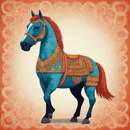 An animated, 2D illustration of a horse mascot donning vibrant, traditional Jogjakarta attire bursting with lively patterns.