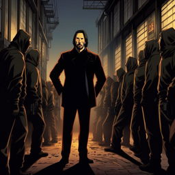 Film noir manga image of Keanu Reeves standing firm at the docks, confronted by a gang of shadowy thugs, as he declines their request for 'one last job'.