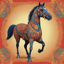An animated, 2D illustration of a horse mascot donning vibrant, traditional Jogjakarta attire bursting with lively patterns.