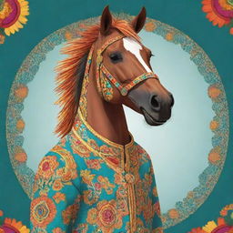 An animated, 2D illustration of a horse mascot donning vibrant, traditional Jogjakarta attire bursting with lively patterns.