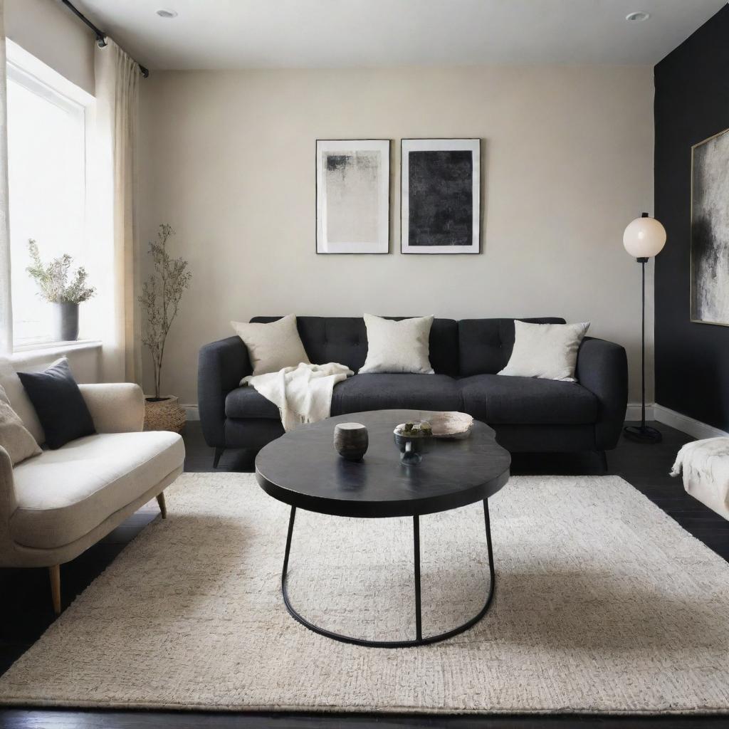 Design a living room combining Wabi-Sabi and modern contemporary styles in a black, beige, and white color palette. Include a classy carpet, sophisticated wall decor, and other harmonious elements.