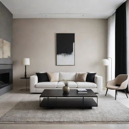 Design a living room combining Wabi-Sabi and modern contemporary styles in a black, beige, and white color palette. Include a classy carpet, sophisticated wall decor, and other harmonious elements.