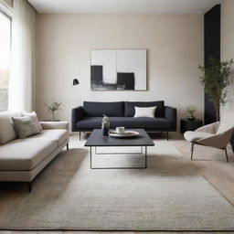 Design a living room combining Wabi-Sabi and modern contemporary styles in a black, beige, and white color palette. Include a classy carpet, sophisticated wall decor, and other harmonious elements.