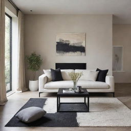 Design a living room combining Wabi-Sabi and modern contemporary styles in a black, beige, and white color palette. Include a classy carpet, sophisticated wall decor, and other harmonious elements.