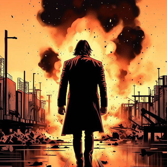 Film noir manga styled drawing of Keanu Reeves walking away unflinchingly from a massive explosion at the docks, as he ends the potential for another 'John Wick' scenario.