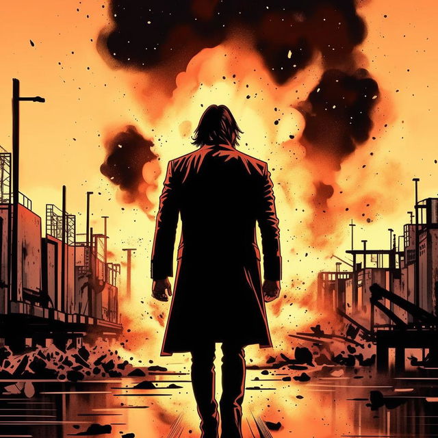 Film noir manga styled drawing of Keanu Reeves walking away unflinchingly from a massive explosion at the docks, as he ends the potential for another 'John Wick' scenario.