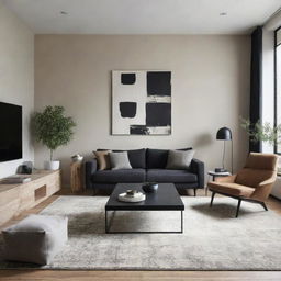 Design a living room merging Wabi-Sabi and modern contemporary styles in black, beige, and white. Include elements like a classy carpet, elegant wall decor, and other complementary details.