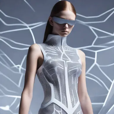 The fashion designer created a futuristic garment with an embedded gamma symbol, representing a magnetic field of strength and energy.