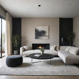 Design a living room merging Wabi-Sabi and modern contemporary styles in black, beige, and white. Include elements like a classy carpet, elegant wall decor, and other complementary details.