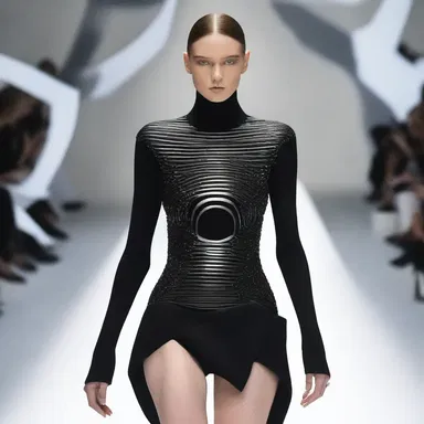 The fashion designer created a futuristic garment with an embedded gamma symbol, representing a magnetic field of strength and energy.