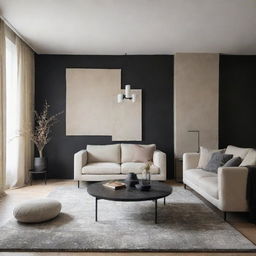 Design a living room merging Wabi-Sabi and modern contemporary styles in black, beige, and white. Include elements like a classy carpet, elegant wall decor, and other complementary details.