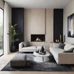 Design a living room merging Wabi-Sabi and modern contemporary styles in black, beige, and white. Include elements like a classy carpet, elegant wall decor, and other complementary details.