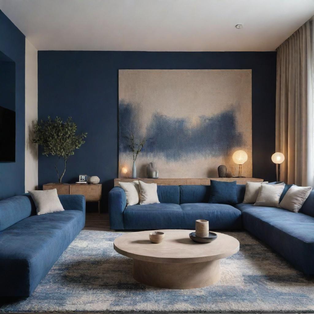 A modern contemporary living room under night-blue and beige colors, with elements from Wabi Sabi design