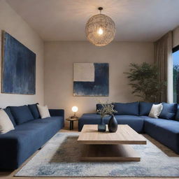 A modern contemporary living room under night-blue and beige colors, with elements from Wabi Sabi design