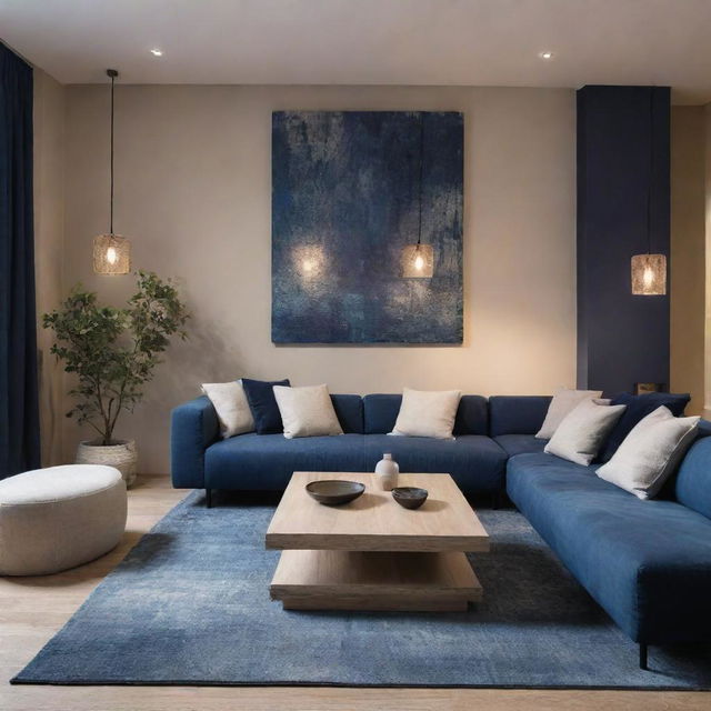 A modern contemporary living room under night-blue and beige colors, with elements from Wabi Sabi design