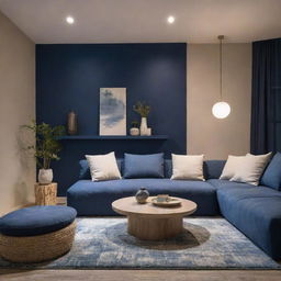 A modern contemporary living room under night-blue and beige colors, with elements from Wabi Sabi design