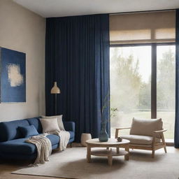 A modern contemporary living room with Wabi Sabi elements, finished in night-blue and beige, including a window with curtains