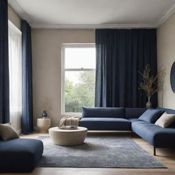 A modern contemporary living room with Wabi Sabi elements, finished in night-blue and beige, including a window with curtains