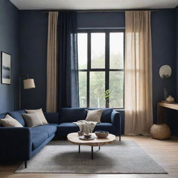 A modern contemporary living room with Wabi Sabi elements, finished in night-blue and beige, including a window with curtains