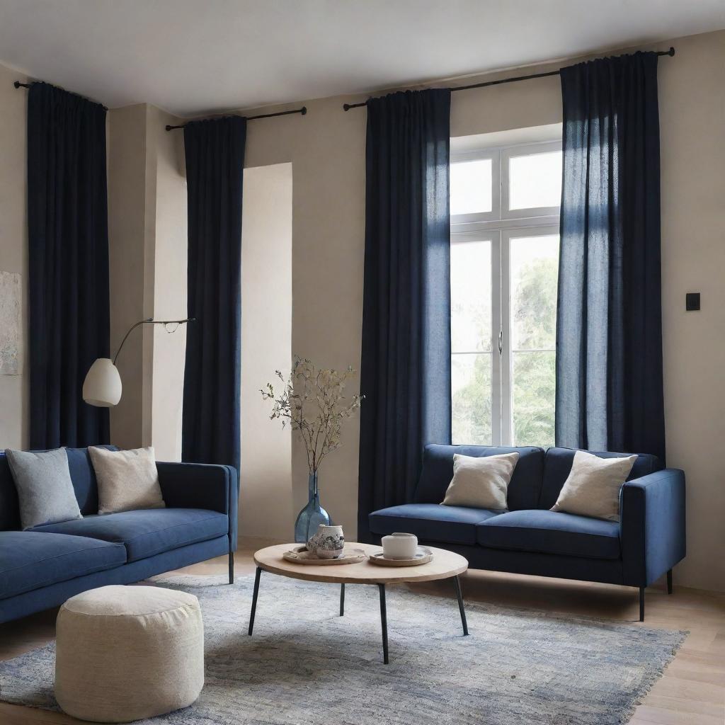 A modern contemporary living room with Wabi Sabi elements, finished in night-blue and beige, including a window with curtains