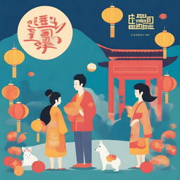 A high-quality digital illustration depicting the traditional customs of the Mid-Autumn Festival in Hong Kong