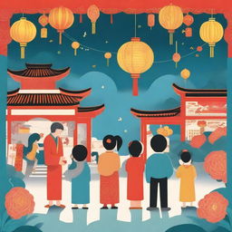 A high-quality digital illustration depicting the traditional customs of the Mid-Autumn Festival in Hong Kong