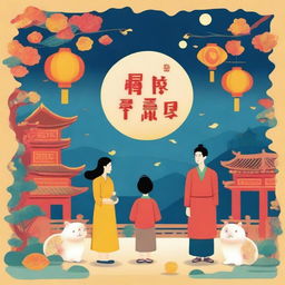 A high-quality digital illustration depicting the traditional customs of the Mid-Autumn Festival in Hong Kong