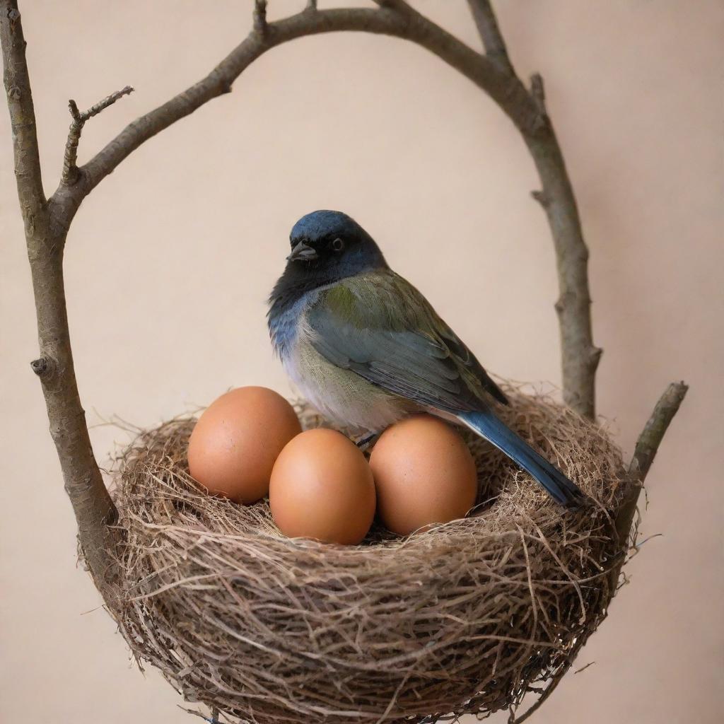 A delicate bird perched over two of its eggs, casting a protective shadow in a warm, cozy nest