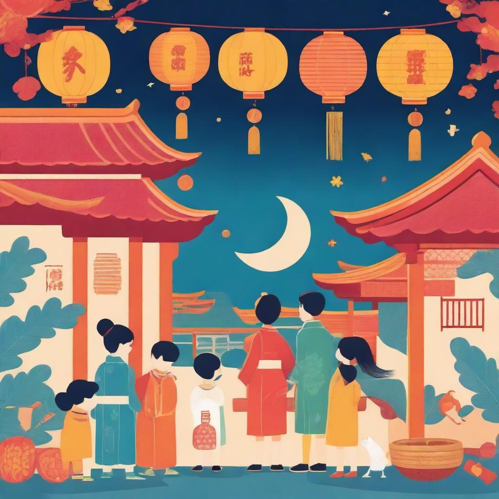 A high-quality digital illustration depicting the traditional customs of the Mid-Autumn Festival in Hong Kong