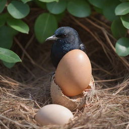 A delicate bird perched over two of its eggs, casting a protective shadow in a warm, cozy nest