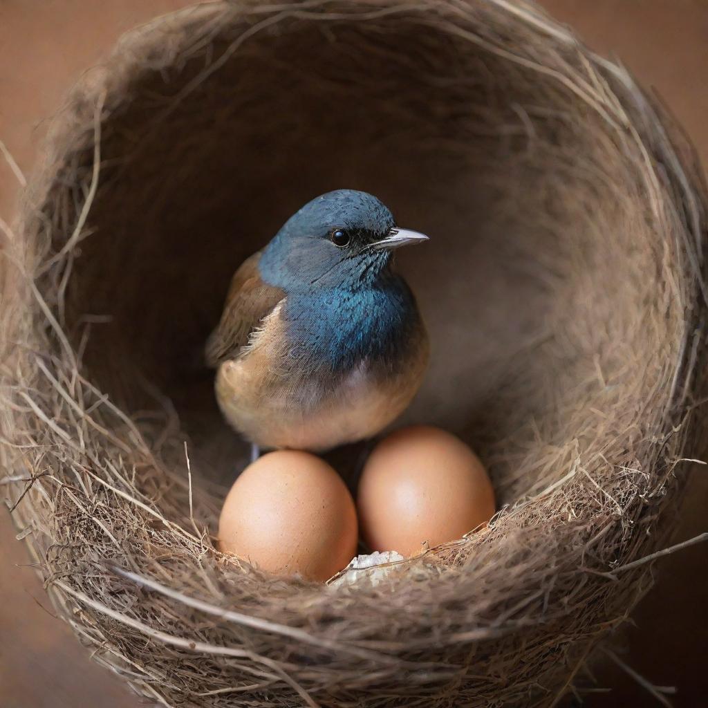 A delicate bird perched over two of its eggs, casting a protective shadow in a warm, cozy nest