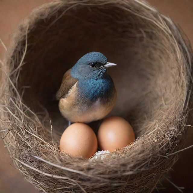 A delicate bird perched over two of its eggs, casting a protective shadow in a warm, cozy nest