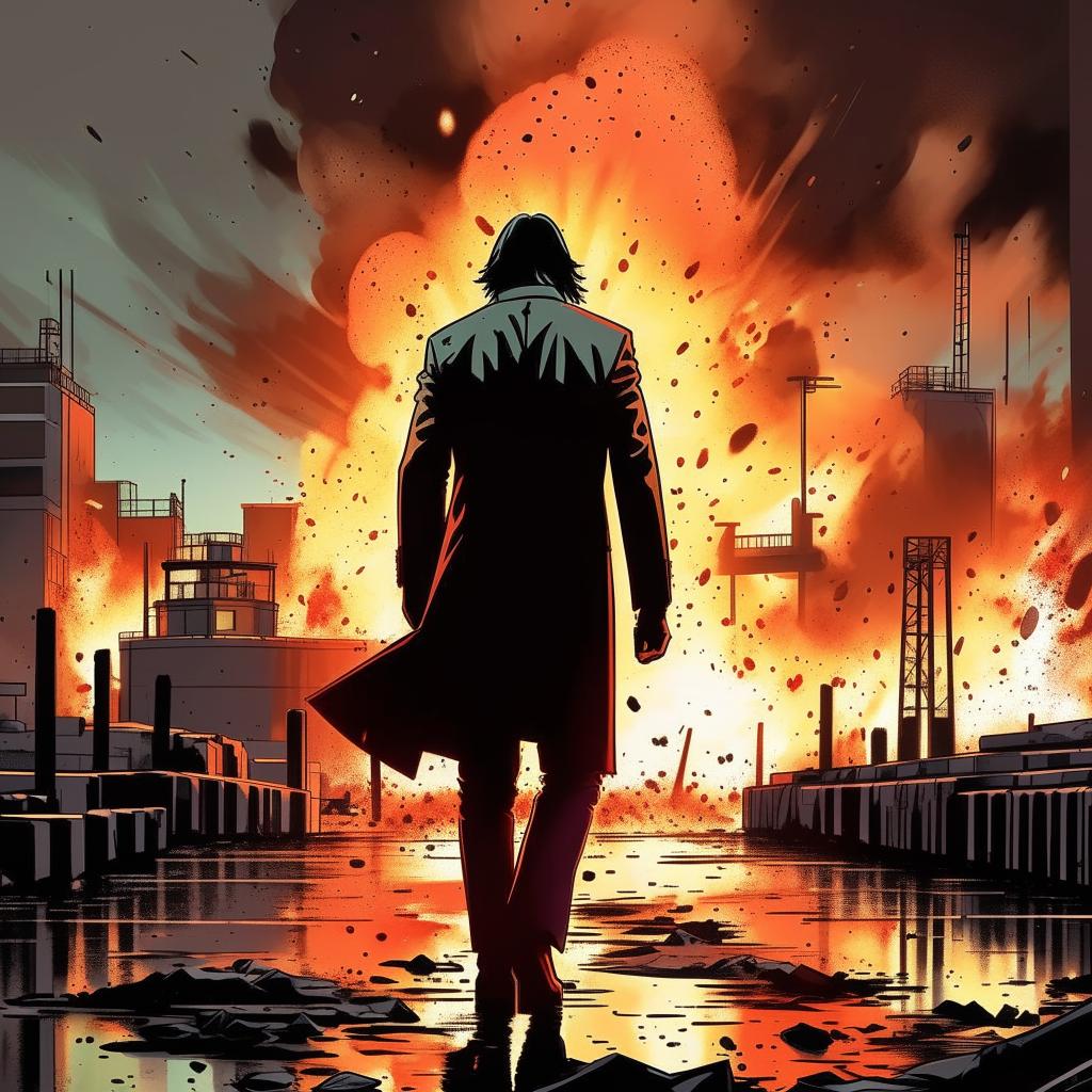 Film noir manga styled drawing of Keanu Reeves walking away unflinchingly from a massive explosion at the docks, as he ends the potential for another 'John Wick' scenario.
