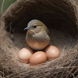 A delicate bird perched over two of its eggs, casting a protective shadow in a warm, cozy nest