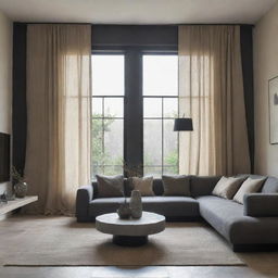 A modern contemporary living room featuring Wabi Sabi elements, enhanced by a basalt and beige color scheme, including a window with curtains