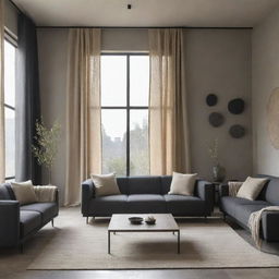 A modern contemporary living room featuring Wabi Sabi elements, enhanced by a basalt and beige color scheme, including a window with curtains