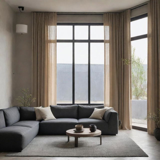 A modern contemporary living room featuring Wabi Sabi elements, enhanced by a basalt and beige color scheme, including a window with curtains