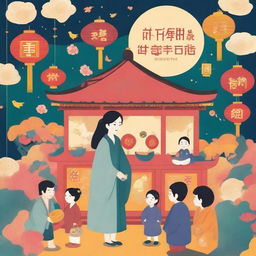 A 3:4 ratio book cover illustration in high quality, showcasing the traditional customs of the Mid-Autumn Festival in Hong Kong